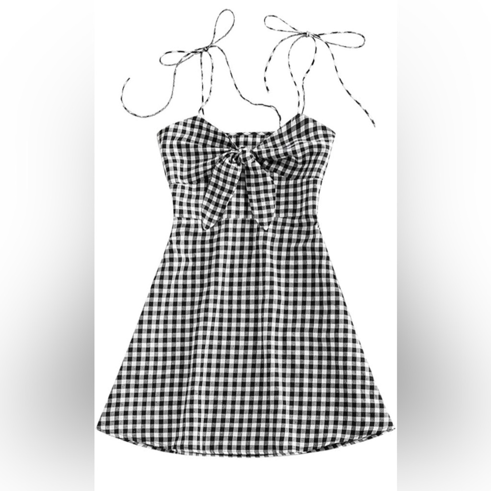 Black white gingham tie strap dress
